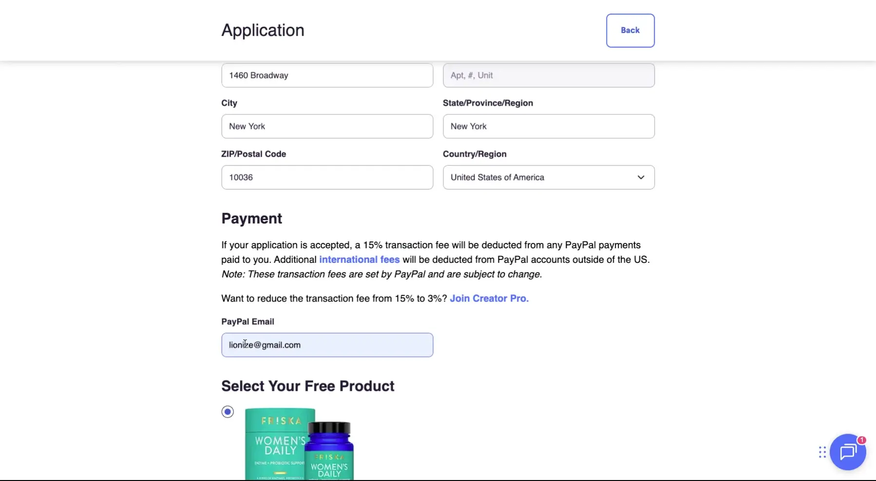 The user is filling out an application form, providing their address, city, state, zip code, and country. They are also entering their PayPal email address.