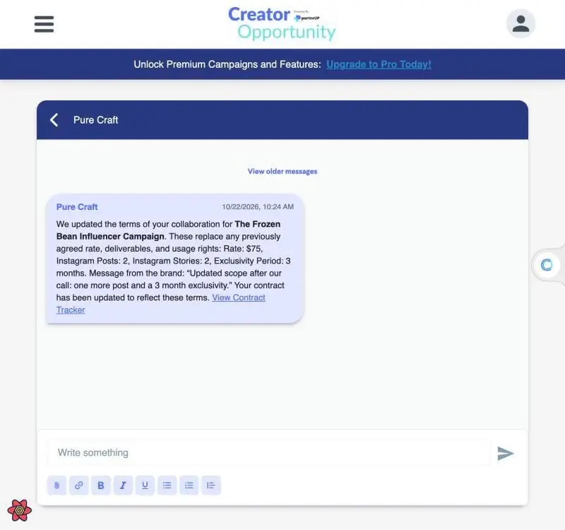 This screenshot shows a message within the partnrUP platform detailing updated terms for the "The Frozen Bean Influencer Campaign." The message outlines new rates, deliverables, and exclusivity periods, and provides a link to view the updated contract.