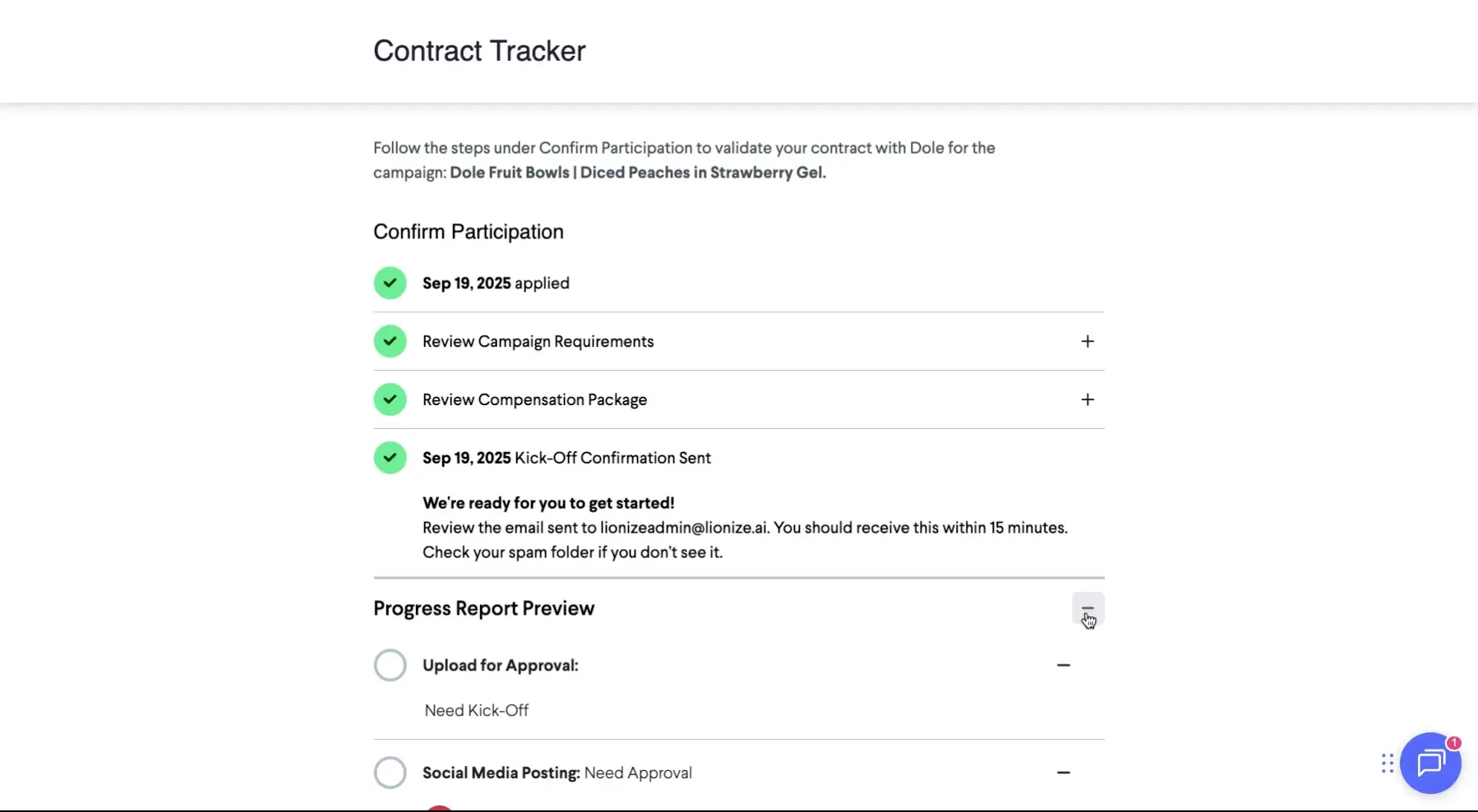 The screenshot displays the Contract Tracker, showing the steps to confirm participation in a campaign, including the confirmation of the kick-off date and a preview of the progress report.