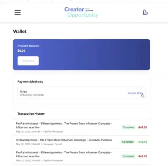 The screenshot displays the wallet section of the platform, showing the available balance, payment methods, and transaction history. It also indicates the option to connect a Stripe account for payments.