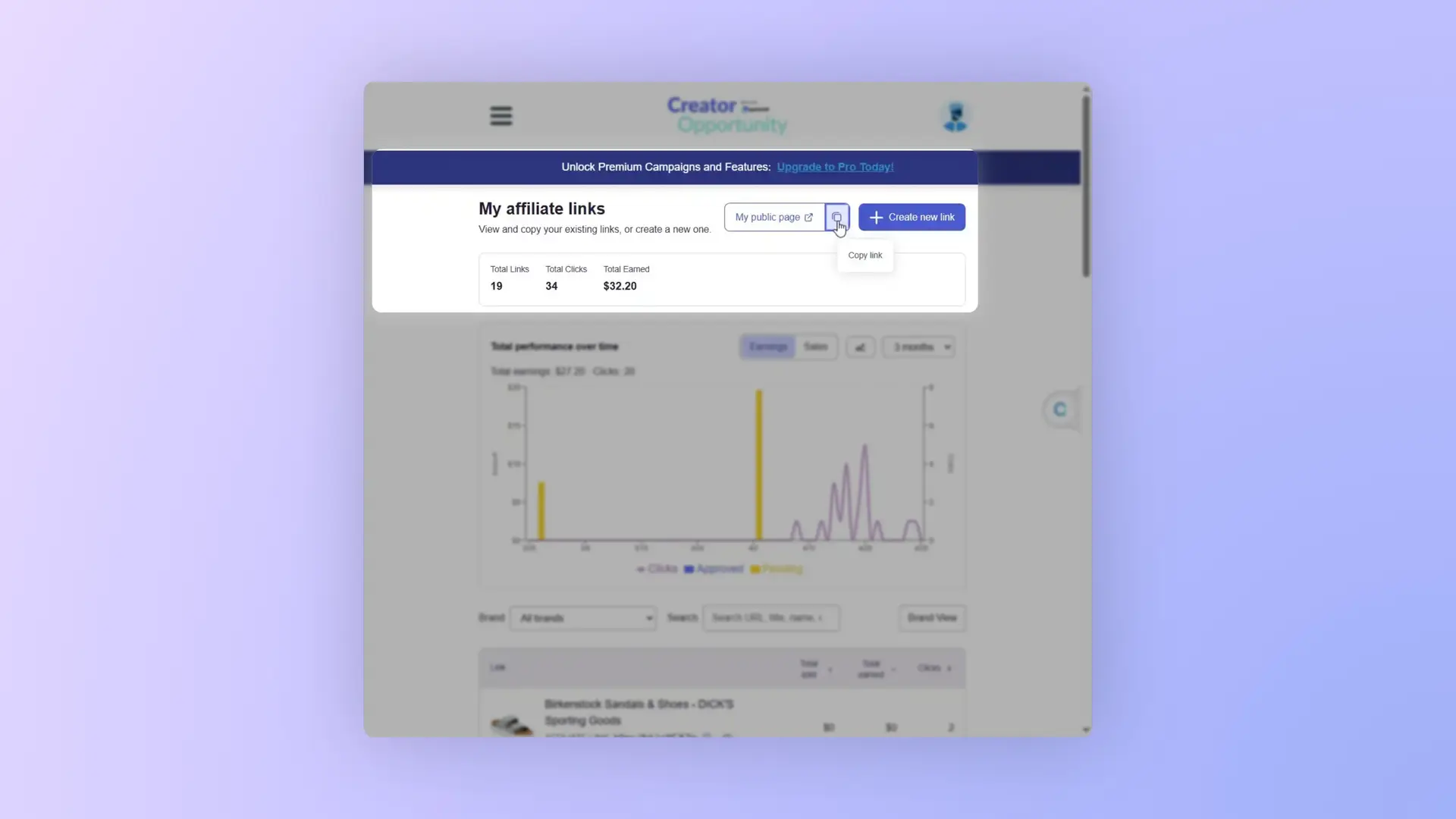 partnrUP My affiliate links page showing link metrics and options to create or copy links.