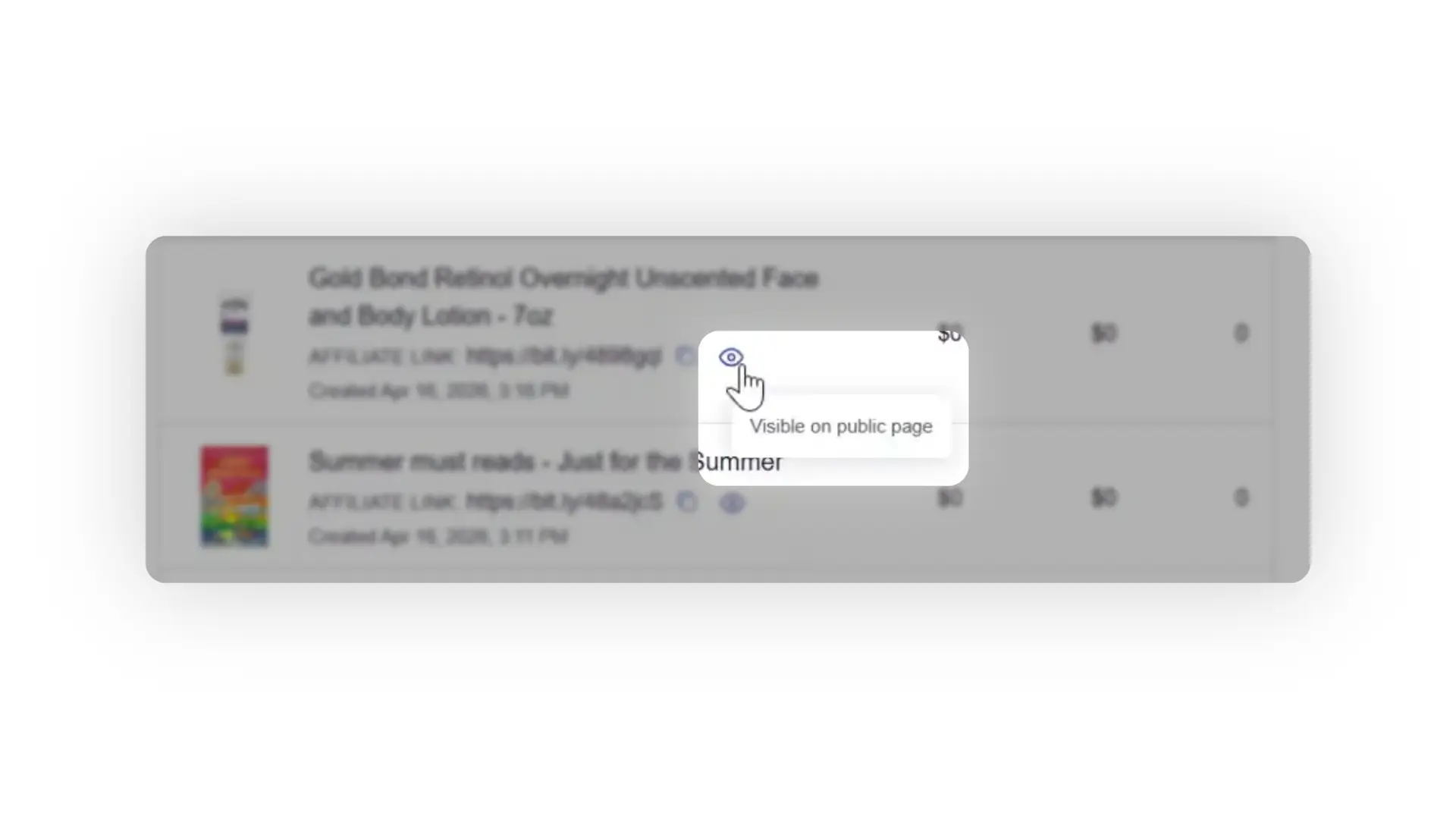 The screenshot displays a list of products with their affiliate links, along with options to view them on a public page.