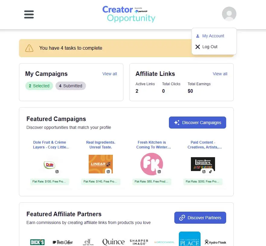 The Creator Opportunity dashboard displays ongoing campaigns, affiliate link performance, and featured campaigns and partners. Users can also see pending tasks and access account settings.
