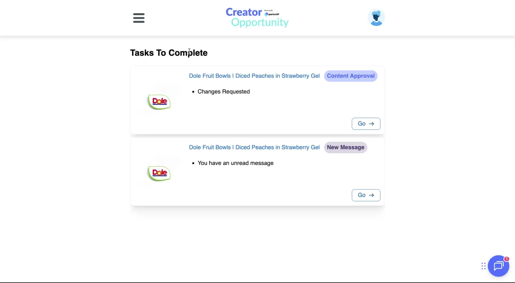 The screenshot displays a 'Tasks To Complete' section, indicating that the user has content approval requests and a new message related to a campaign involving Dole Fruit Bowls.