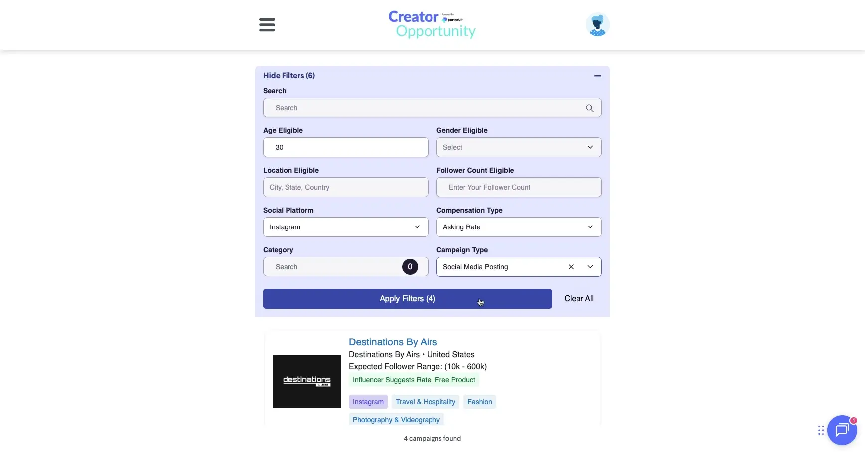 The user is setting the age eligibility to 30 in the filter options to find creators.
