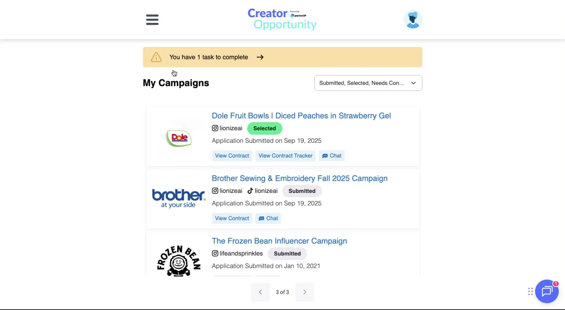 The screenshot displays the 'My Campaigns' section of the partnrUP platform, showcasing a list of influencer marketing campaigns with their respective statuses and details. The user is prompted to complete a task.