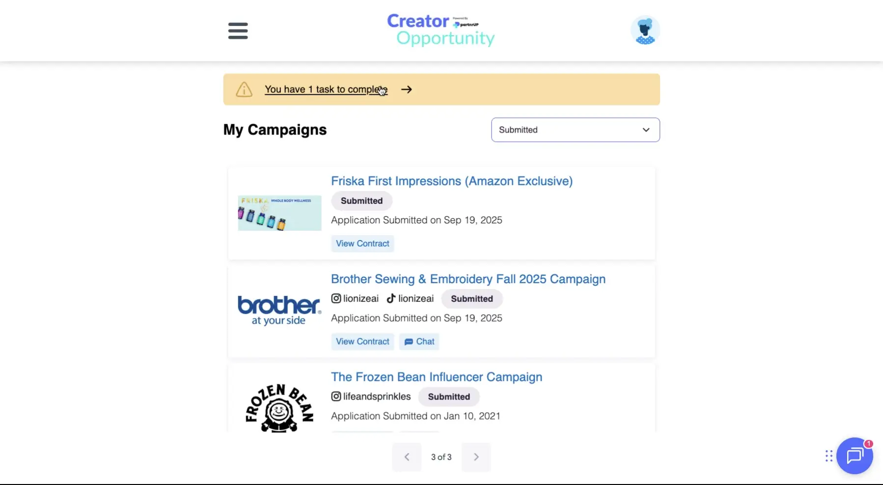 The screenshot displays a list of campaigns, filtered by 'Submitted', with details including campaign names, statuses, and application submission dates. A notification indicates the user has one task to complete.