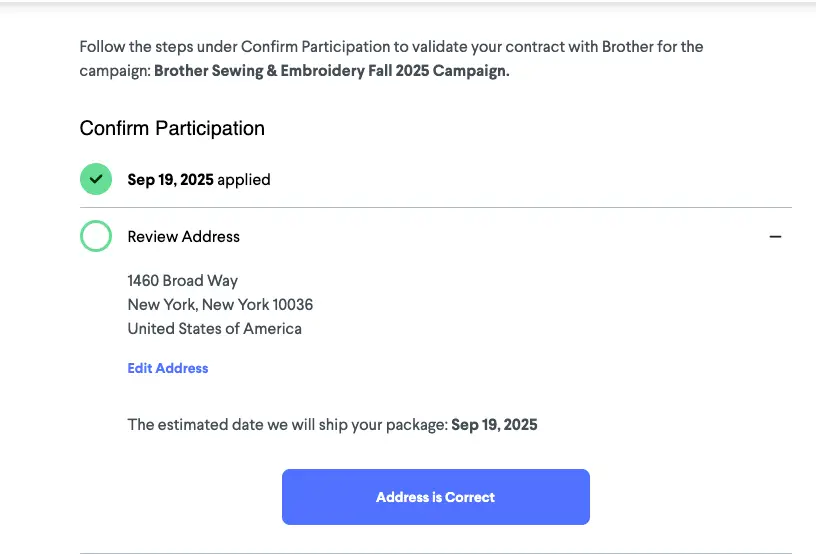 Confirm Participation page for Brother Sewing & Embroidery Fall 2025 Campaign on partnrUP platform.