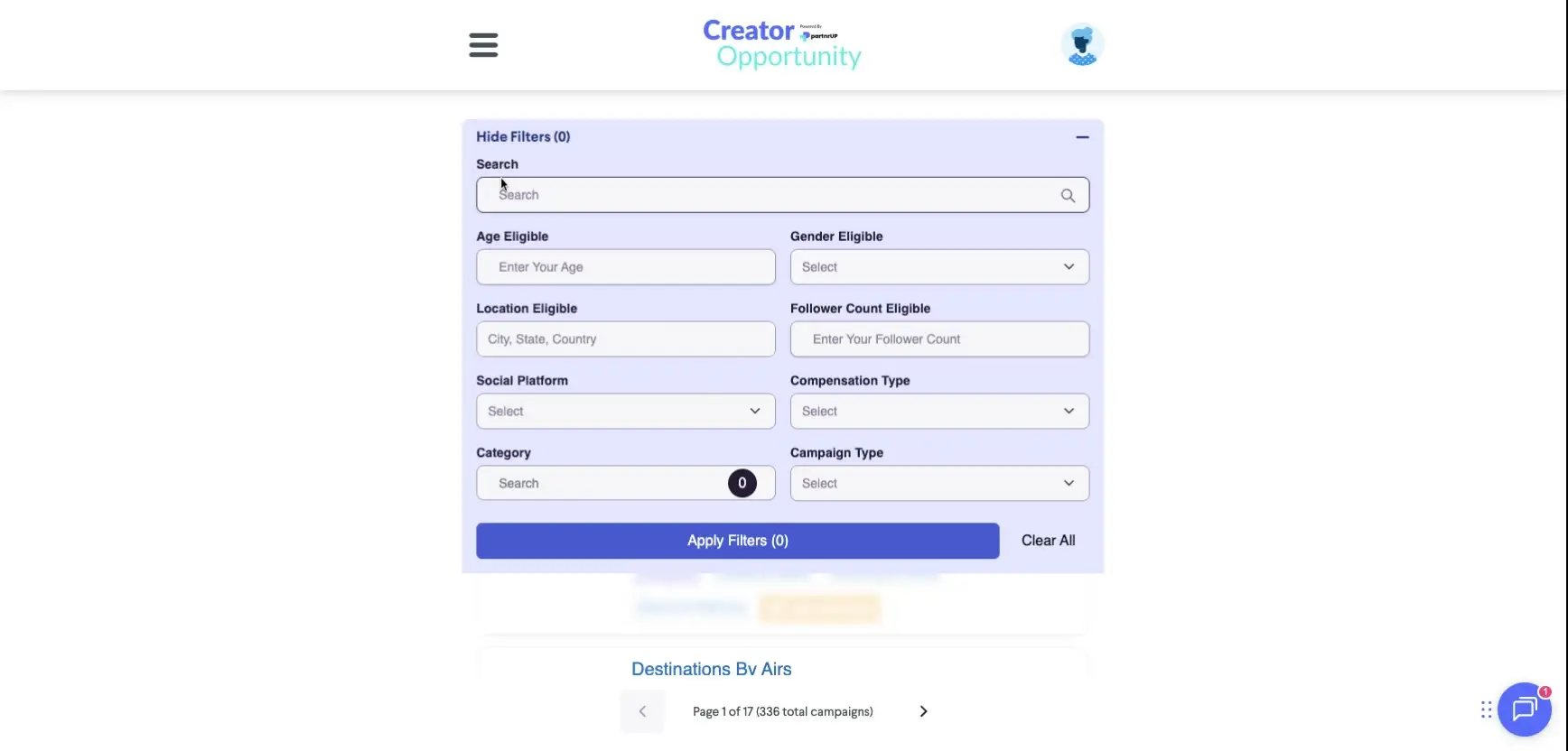 The screenshot displays the filter options available for searching campaigns, including options for age, gender, location, follower count, social platform, compensation type, category, and campaign type.