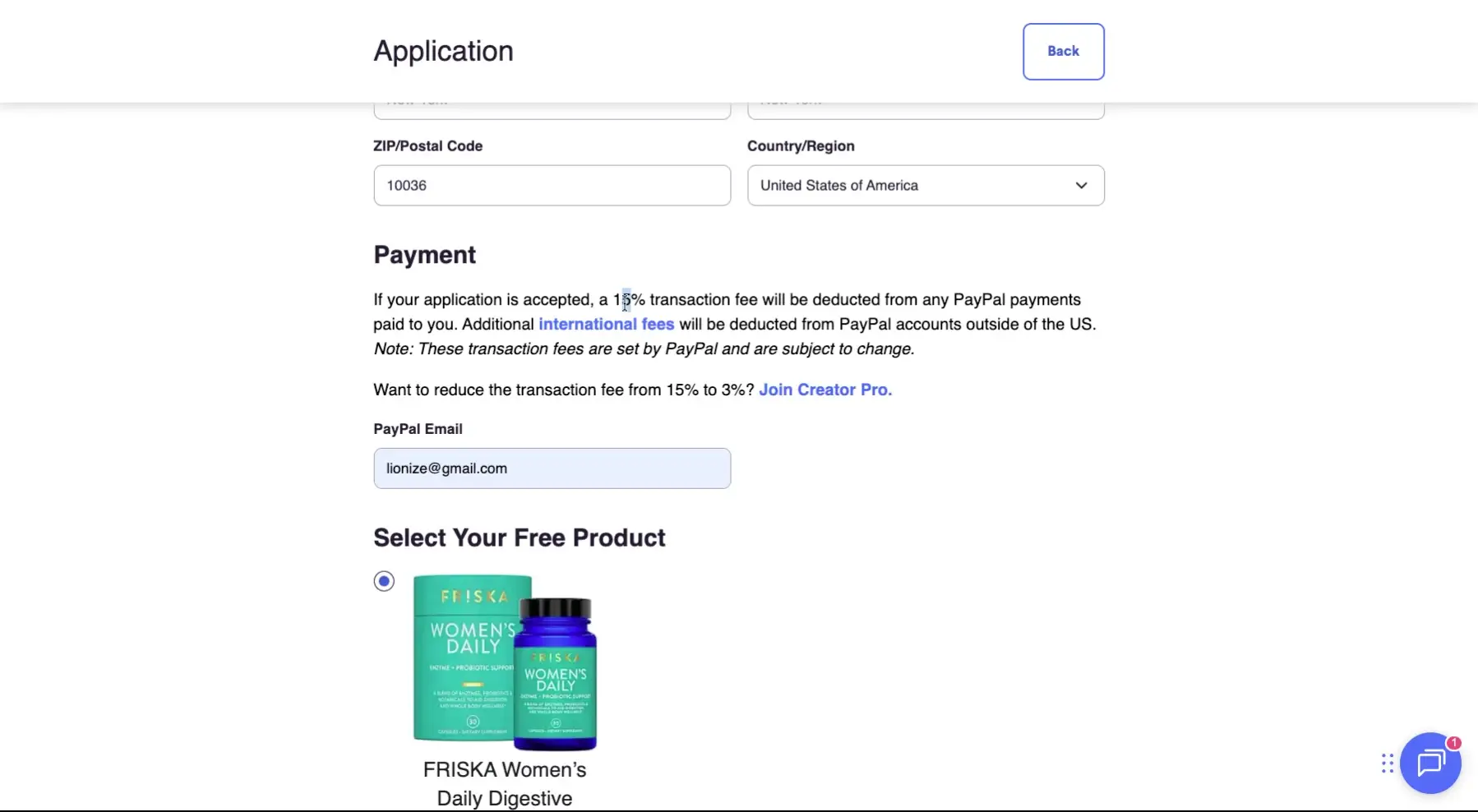 The screenshot shows the application form with the payment details, including the transaction fees and the option to select a free product.