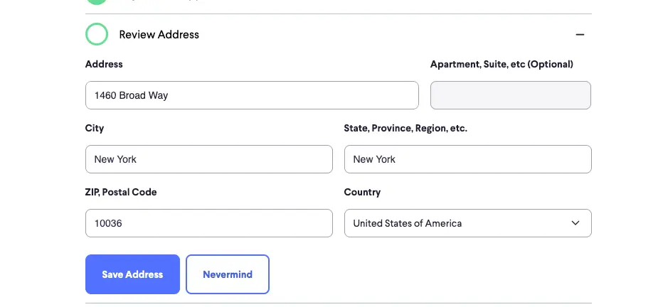 partnrUP Onboarding Review Address step with address fields and Save Address button