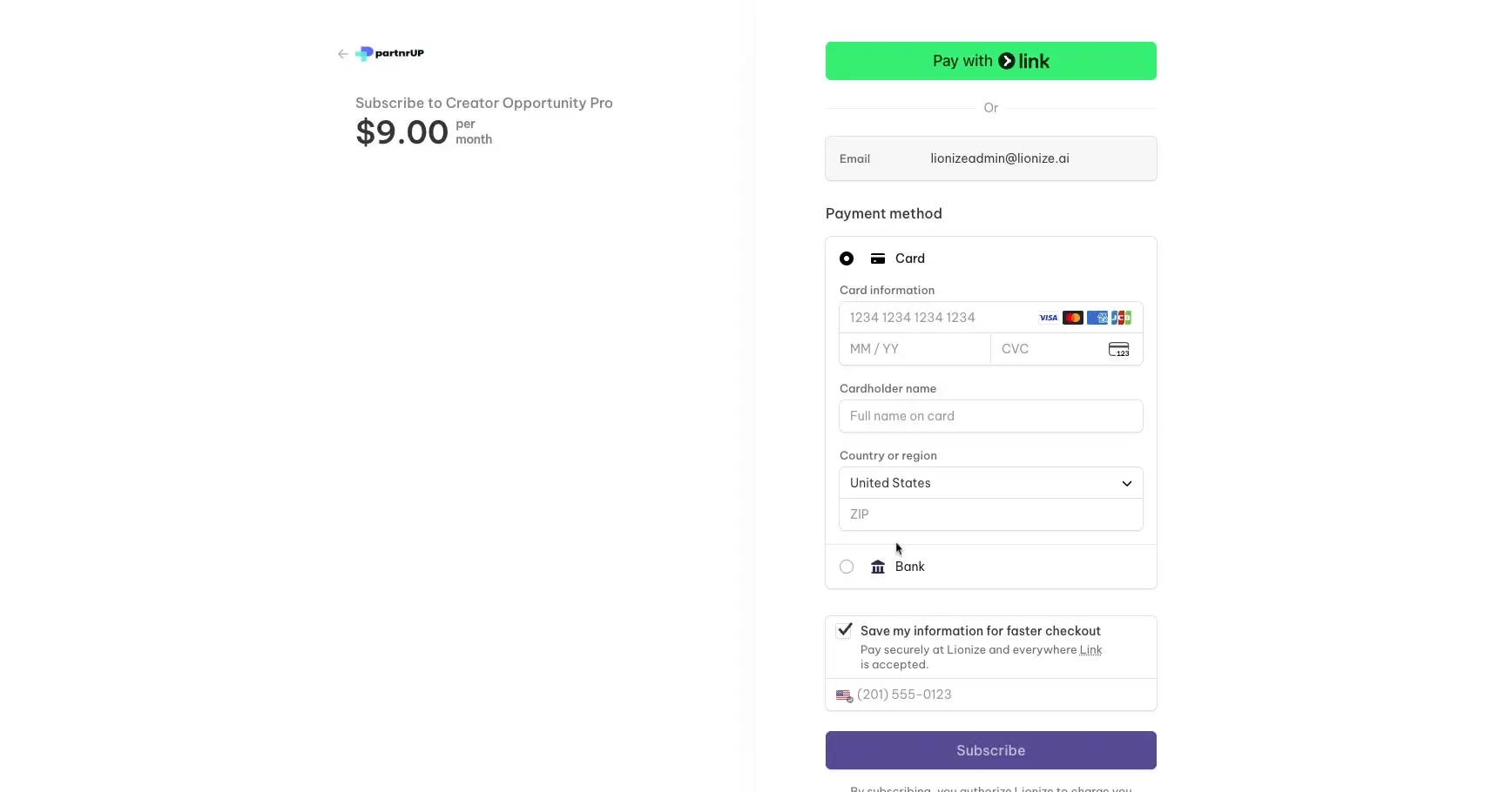 The user is on the payment page to subscribe to the Creator Opportunity Pro plan for $9.00 per month. The user is prompted to enter their payment information, including card details, cardholder name, and country/region.