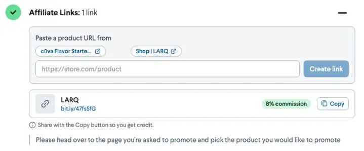 The screenshot shows the Affiliate Links section of the partnrUP platform. Users can paste a product URL to create an affiliate link, which then displays the generated link, commission rate, and a copy button. This feature is part of the campaign management tools for influencers.