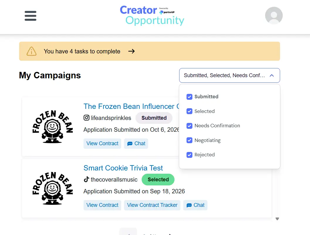 partnrUP My Campaigns page showing campaign statuses and filter options