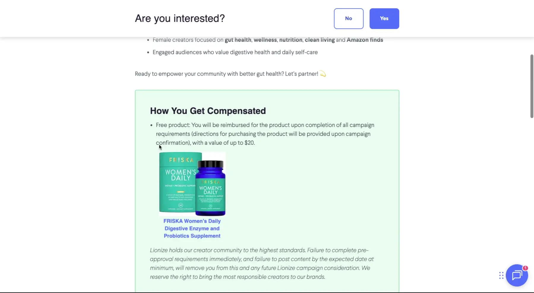 The screenshot shows a campaign offer for creators, detailing compensation as a free product (FRISKA Women's Daily Digestive Enzyme and Probiotics Supplement) with a value up to $20 upon completing campaign requirements.