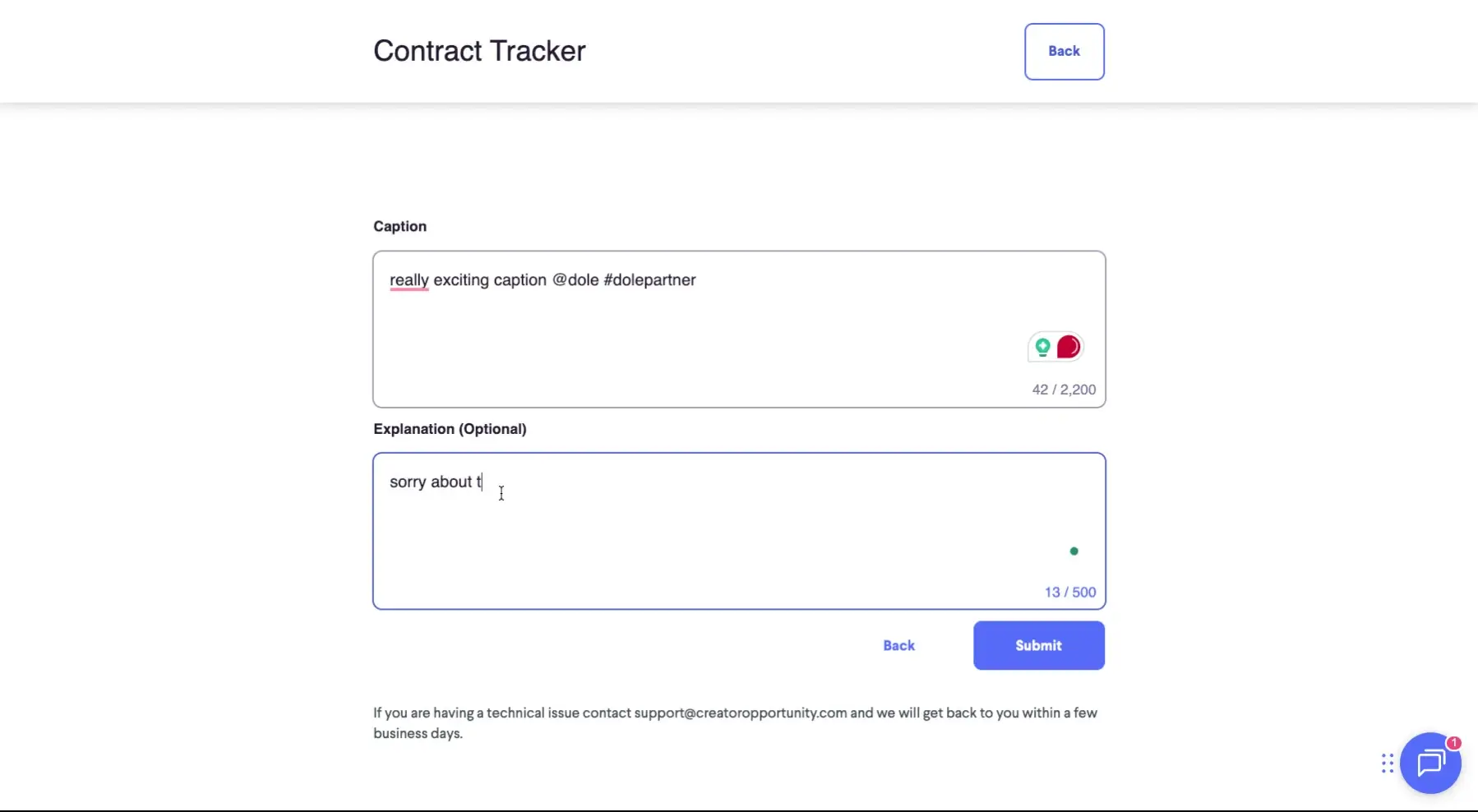 The screenshot shows a contract tracker with fields for a caption and an optional explanation. The user has entered a caption and is typing an explanation.