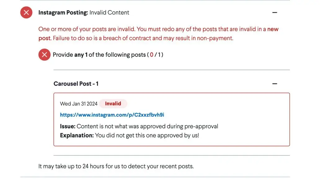 The screenshot shows an Instagram post marked as invalid due to content not matching pre-approved content. The platform notifies the user to redo the post, warning of contract breach and potential non-payment.