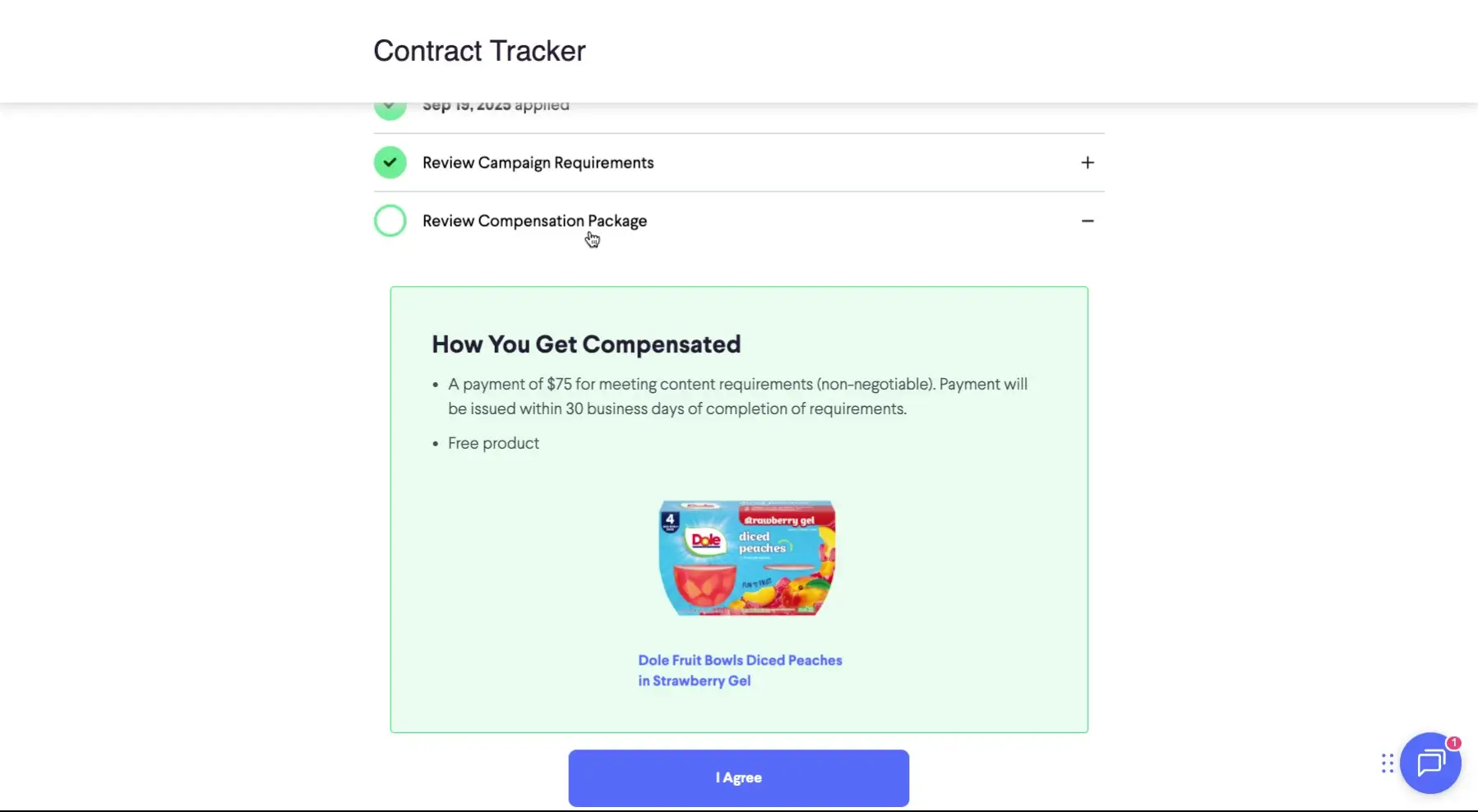 The screenshot shows the compensation details for a campaign, including payment and free product, and requires the user to agree to the terms.