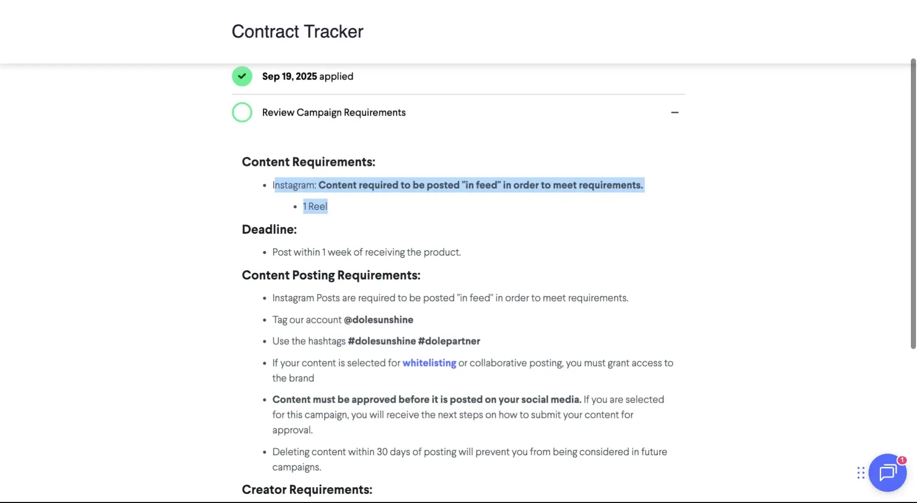The screenshot displays the contract tracker, detailing content requirements for an Instagram campaign, including posting in-feed, a reel, and specific hashtags and account tagging.