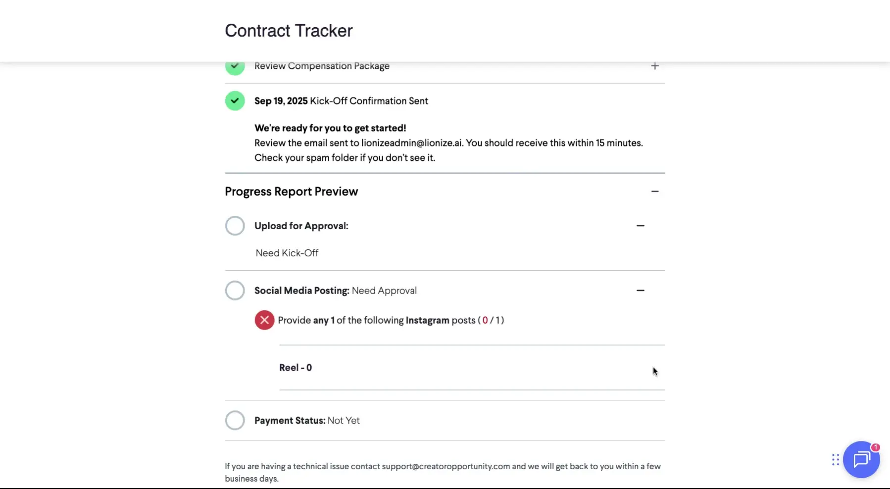 The screenshot displays the Contract Tracker, showing the progress of a campaign. It includes sections for reviewing the compensation package, a kick-off confirmation, and a progress report preview with tasks like uploading for approval and social media posting.