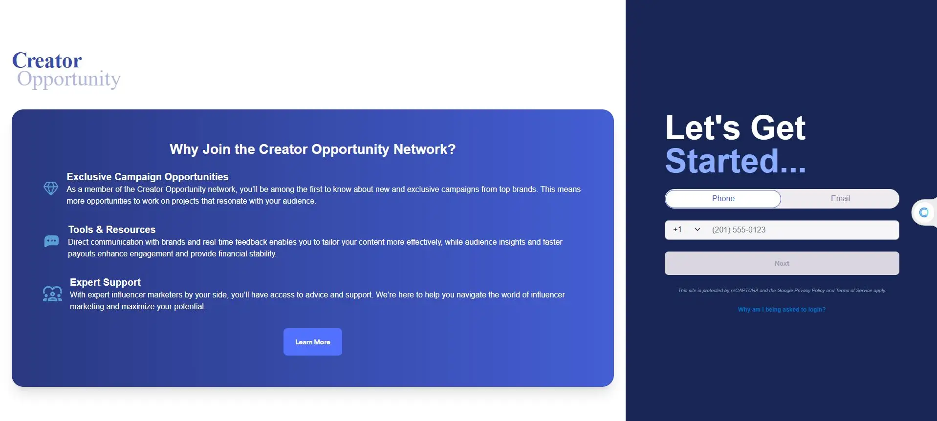 This screenshot shows the "Creator Opportunity Network" landing page, highlighting the benefits of joining, such as exclusive campaign opportunities, tools, resources, and expert support. It also features a "Let's Get Started" section with fields for phone number input to begin the sign-up process.
