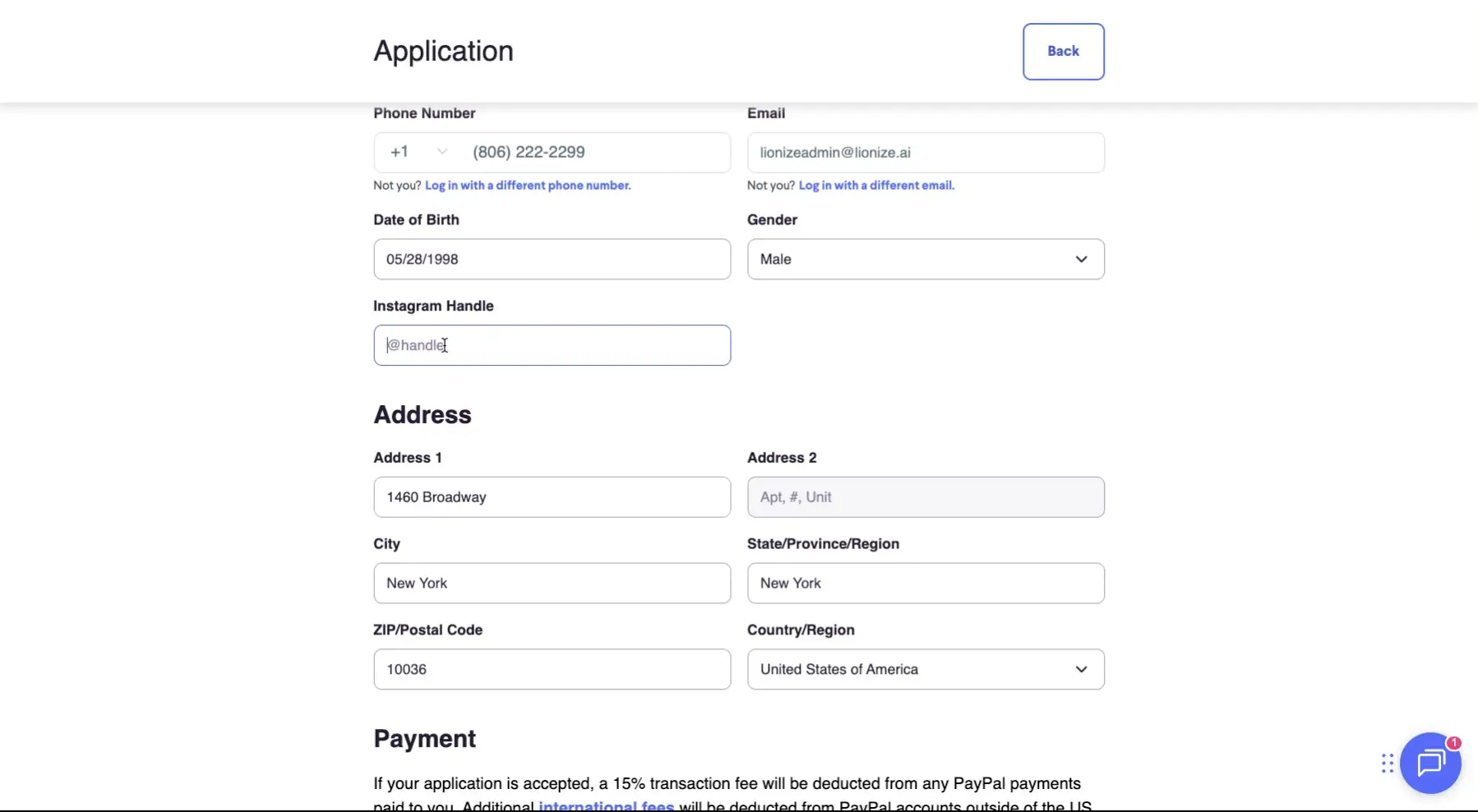 The screenshot shows a user filling out an application form, including personal details like phone number, email, date of birth, Instagram handle, address, and gender.
