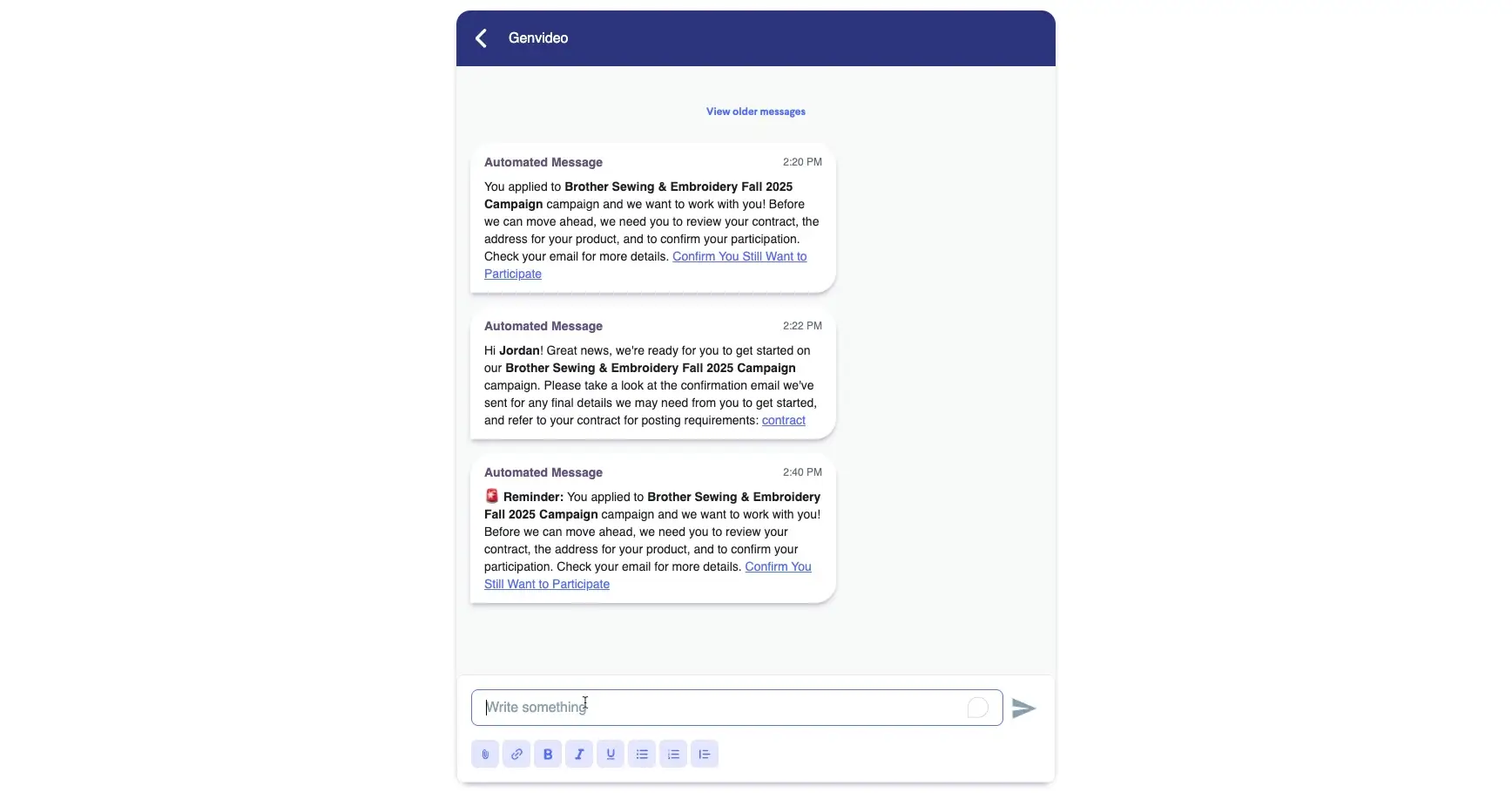 The screenshot shows a messaging interface within the partnrUP platform, displaying automated messages related to a campaign, including reminders and instructions for creators.