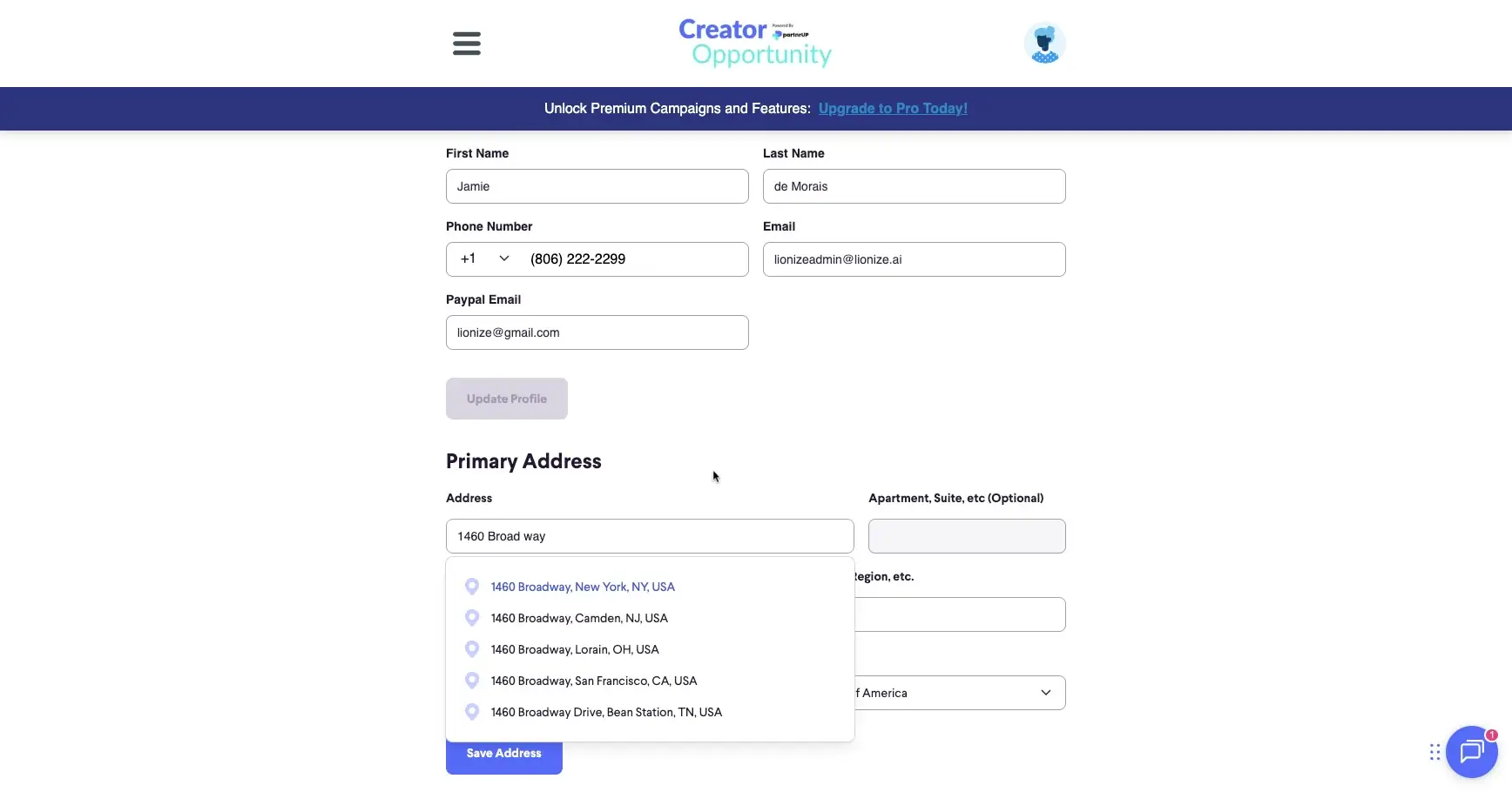 The user is entering their primary address in the provided fields and is about to save it.