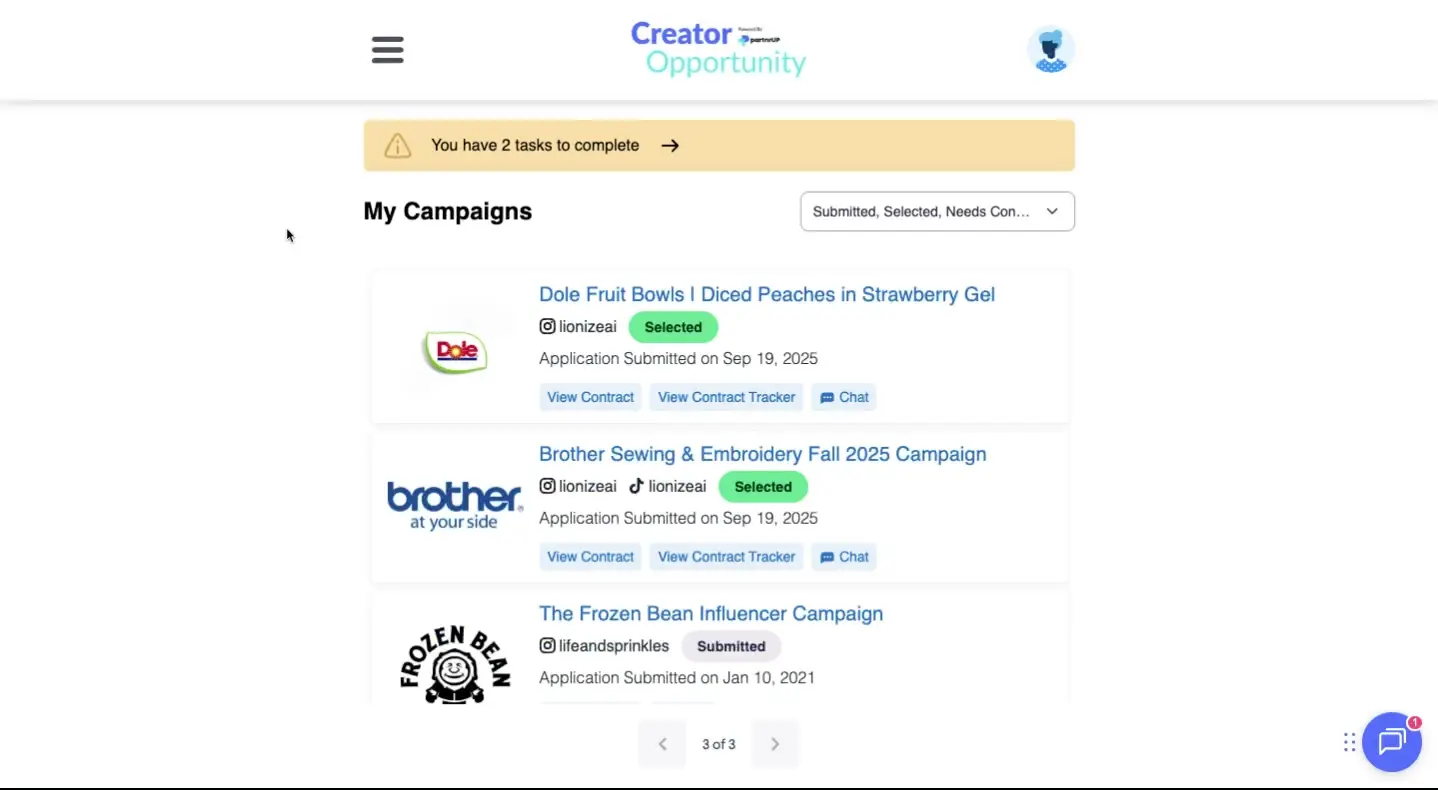 The screenshot displays the 'My Campaigns' section of the Creator Opportunity platform, showcasing a list of campaigns with their respective statuses, including 'Selected' and 'Submitted'.