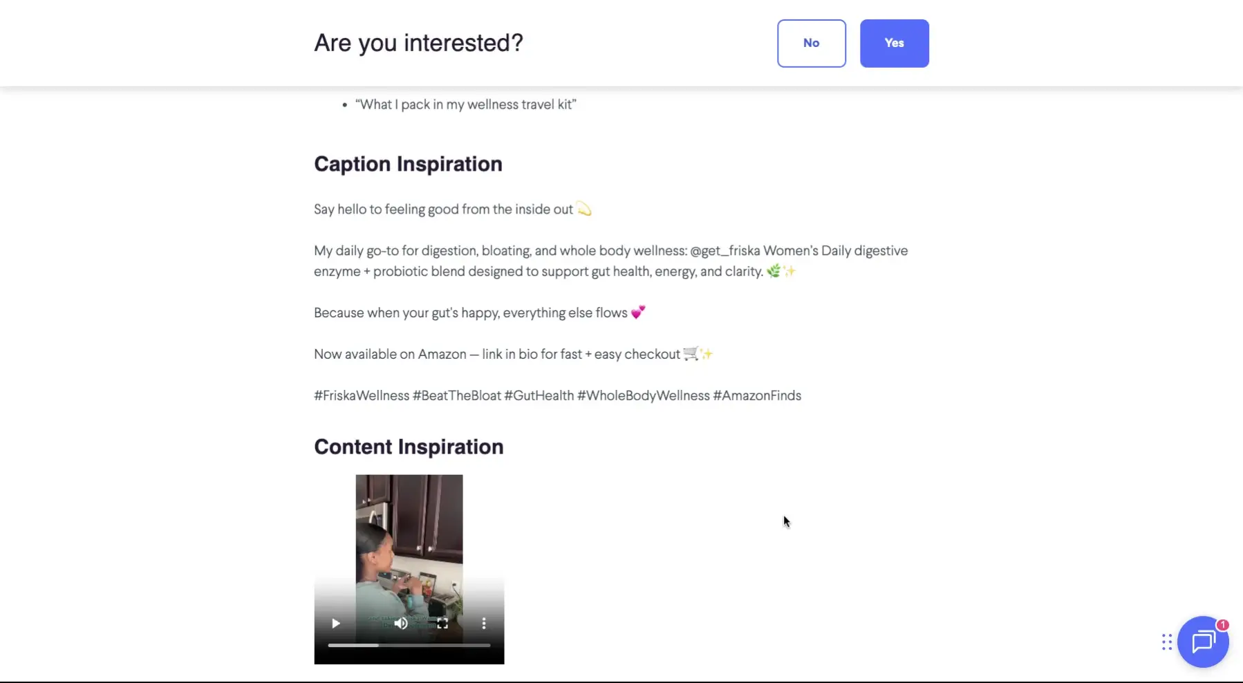 The screenshot displays a content inspiration section with caption ideas and a video example for a wellness product, prompting the user to express interest.