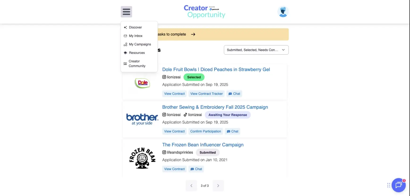The user is navigating the Creator Opportunity platform, with the menu open and the "Creator Community" option selected.