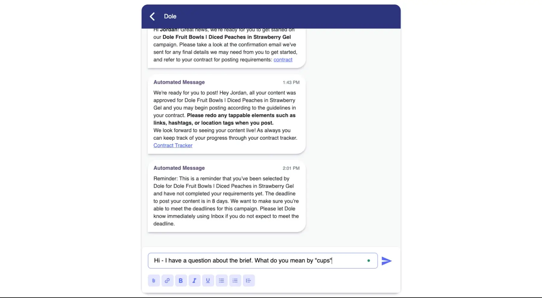 The screenshot shows a conversation between a creator and the platform regarding a campaign for Dole Fruit Bowls. The creator is asking for clarification on a term used in the brief.