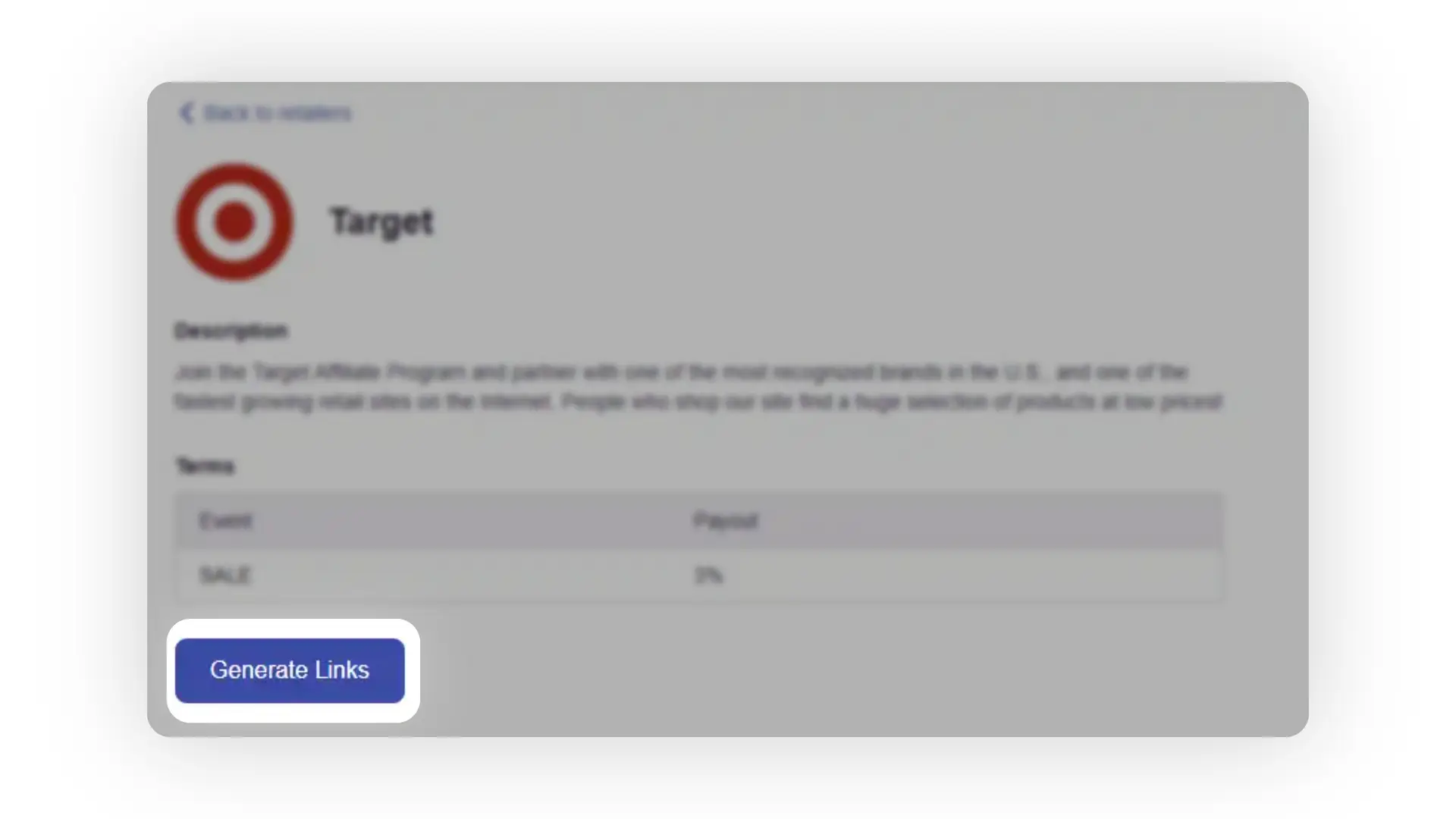 partnrUP Create Affiliate Links page for Target retailer.