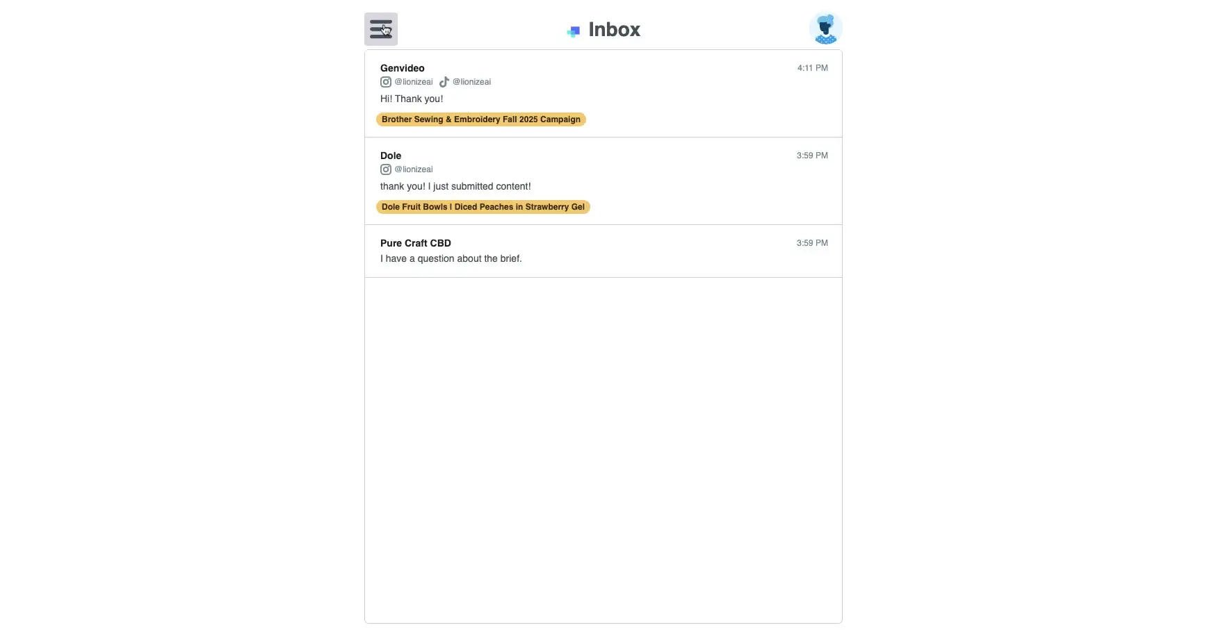 The screenshot displays the inbox of the partnrUP platform, showing messages from creators regarding campaigns and content submissions.