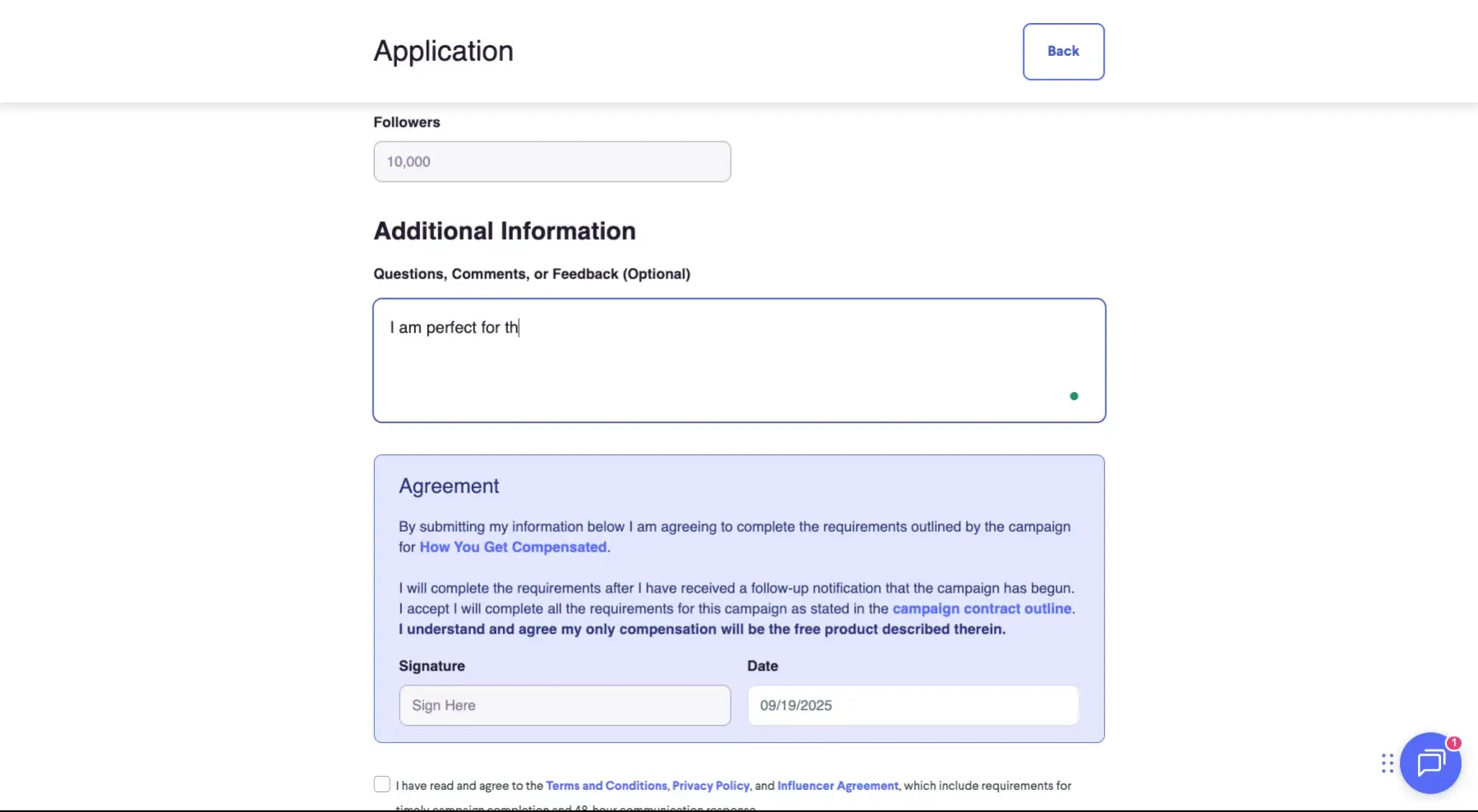 The screenshot shows an application form with fields for follower count, additional information, and an agreement section. The user is in the process of filling out the form.