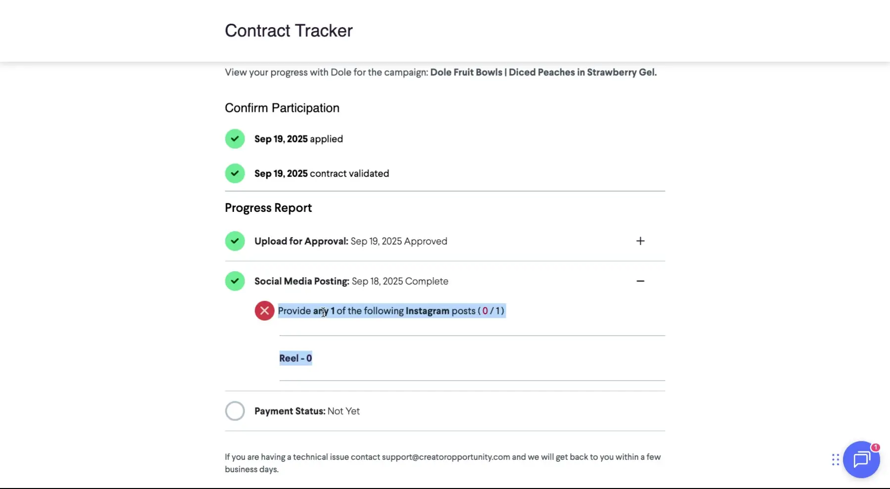 The screenshot shows the contract tracker for a campaign, displaying the progress report. It indicates that the user needs to provide one Instagram post to complete the campaign.