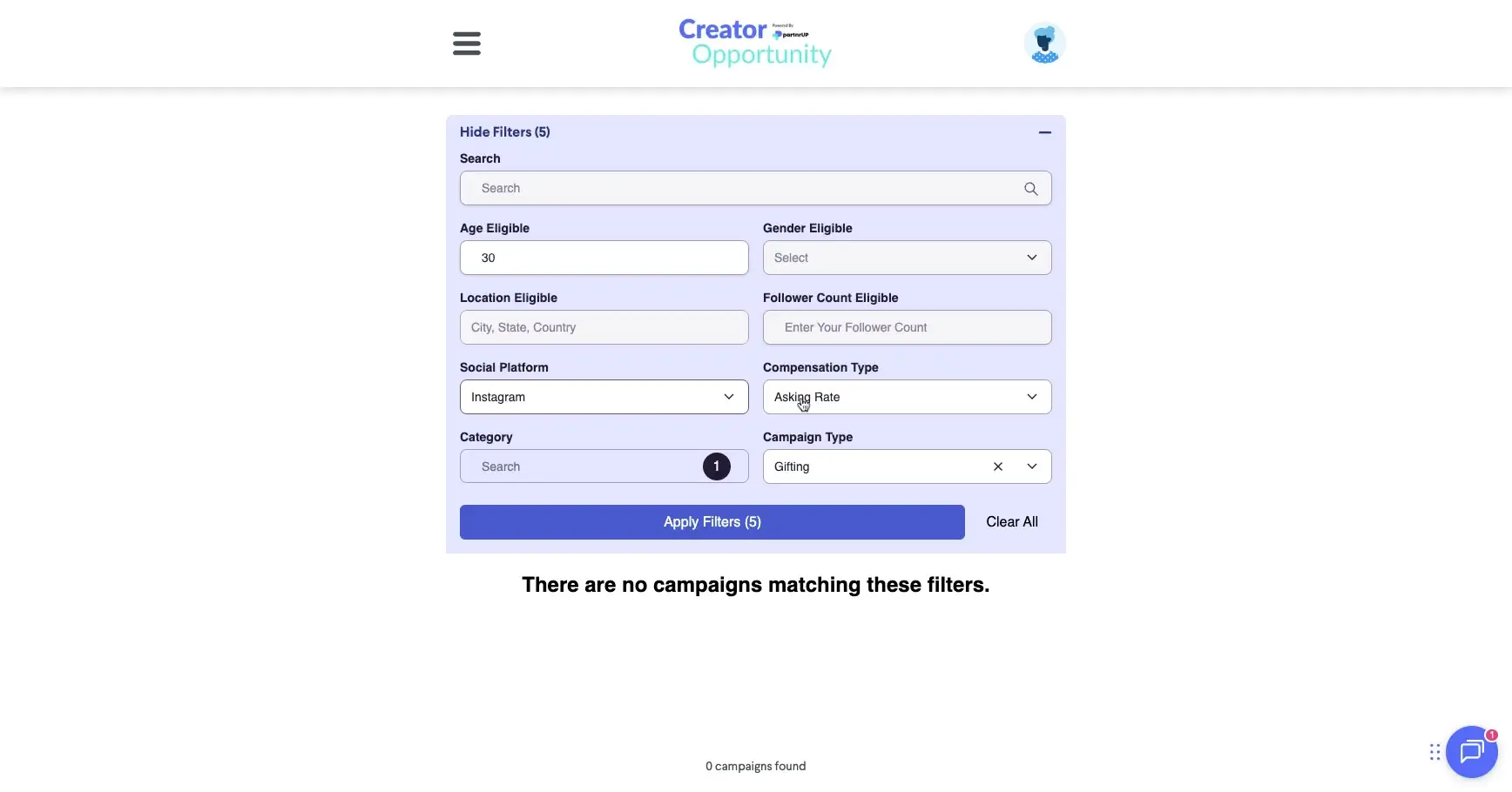 The user is on the Creator Opportunity platform, using the filter options to search for creators. The filters include age, gender, location, follower count, social platform, compensation type, and campaign type. The platform displays a message indicating that no campaigns match the selected filters.