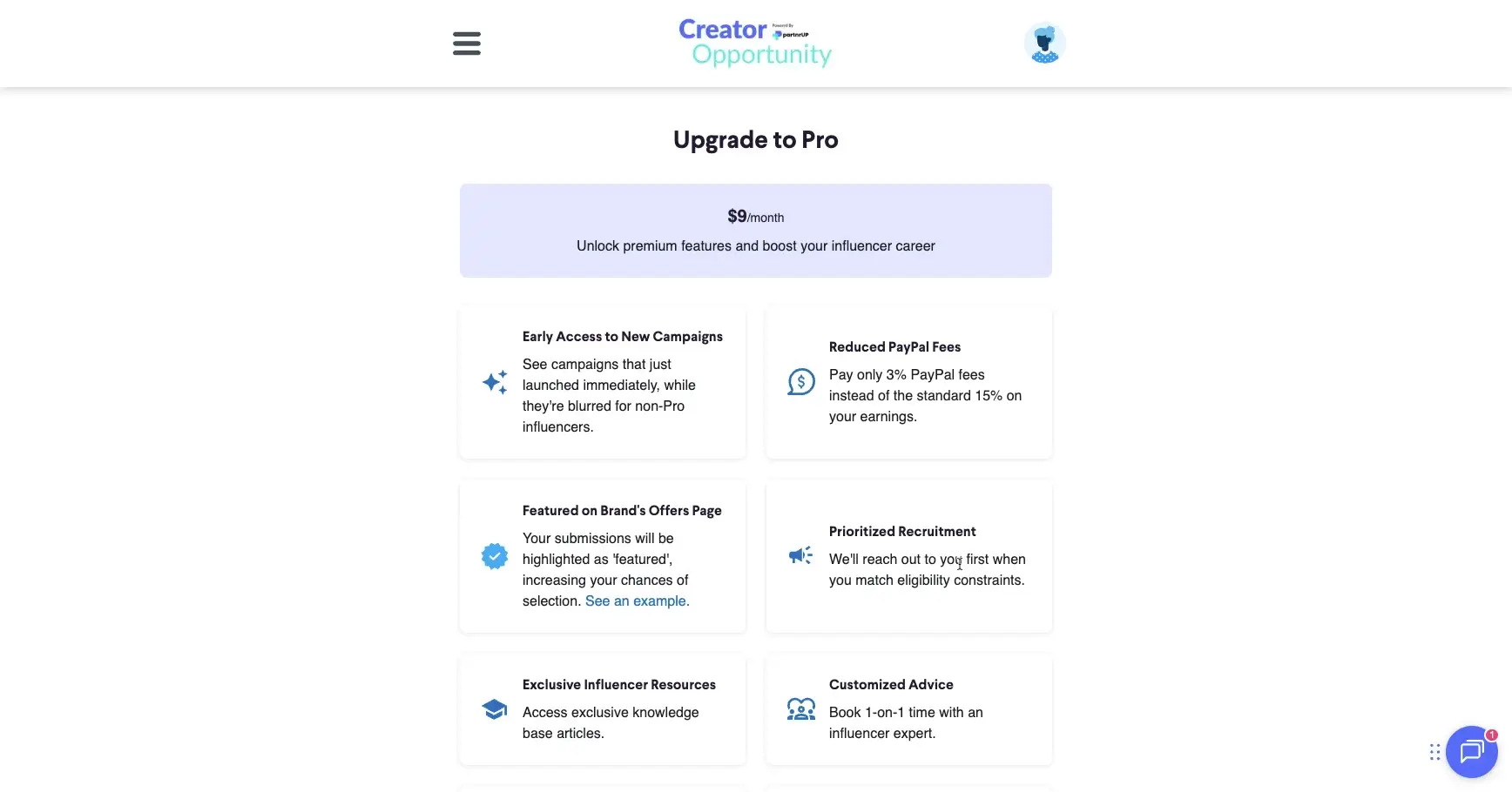The screenshot displays the "Upgrade to Pro" page, offering premium features for $9/month to boost influencer careers, including early access to campaigns, reduced PayPal fees, and prioritized recruitment.