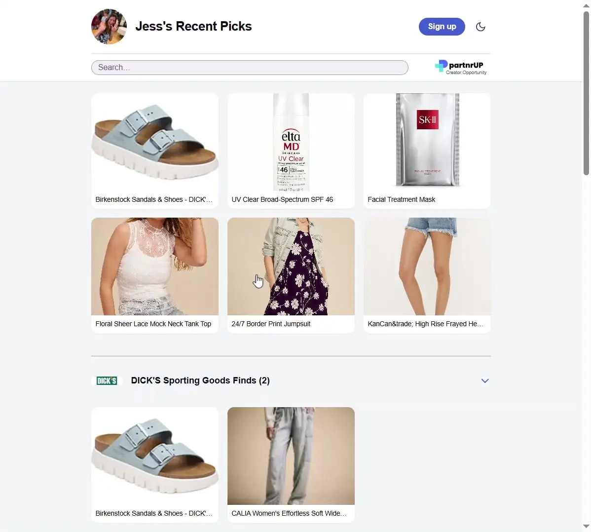 The screenshot displays a product selection page, likely showcasing items curated by a user named Jess. The page features a variety of products, including clothing, skincare, and accessories, with a section dedicated to "DICK'S Sporting Goods Finds."