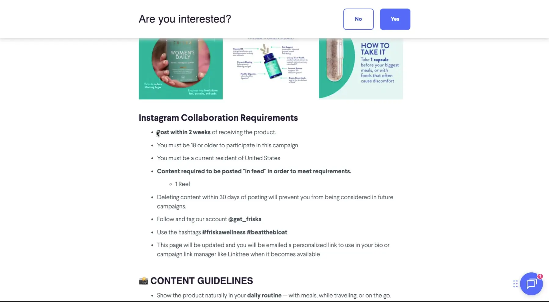 The screenshot displays Instagram collaboration requirements, including posting deadlines, age restrictions, and content guidelines for a product campaign.