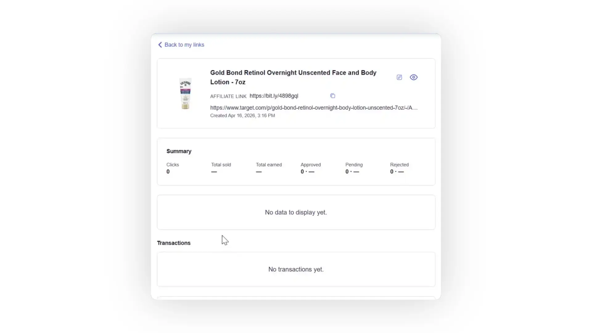 The screenshot displays the details of a Gold Bond Retinol product, including affiliate links and a summary of clicks, sales, and earnings, with no data available yet.