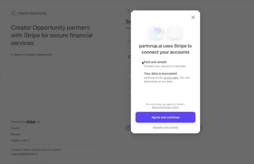 The screenshot shows a modal from partnrUp.ai explaining that it uses Stripe to connect user accounts, emphasizing the process is fast, secure, and encrypted.