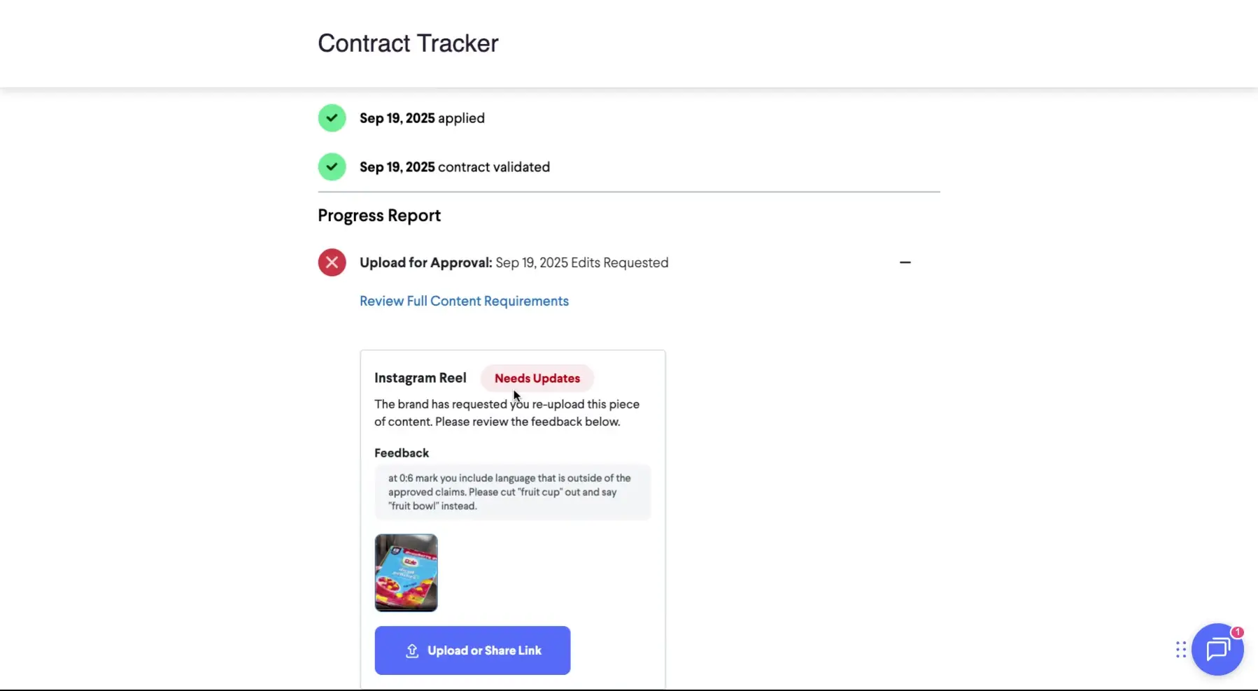 The Contract Tracker displays the status of a content upload, indicating that edits are requested for an Instagram Reel. The feedback provides specific instructions for the creator to revise the content.