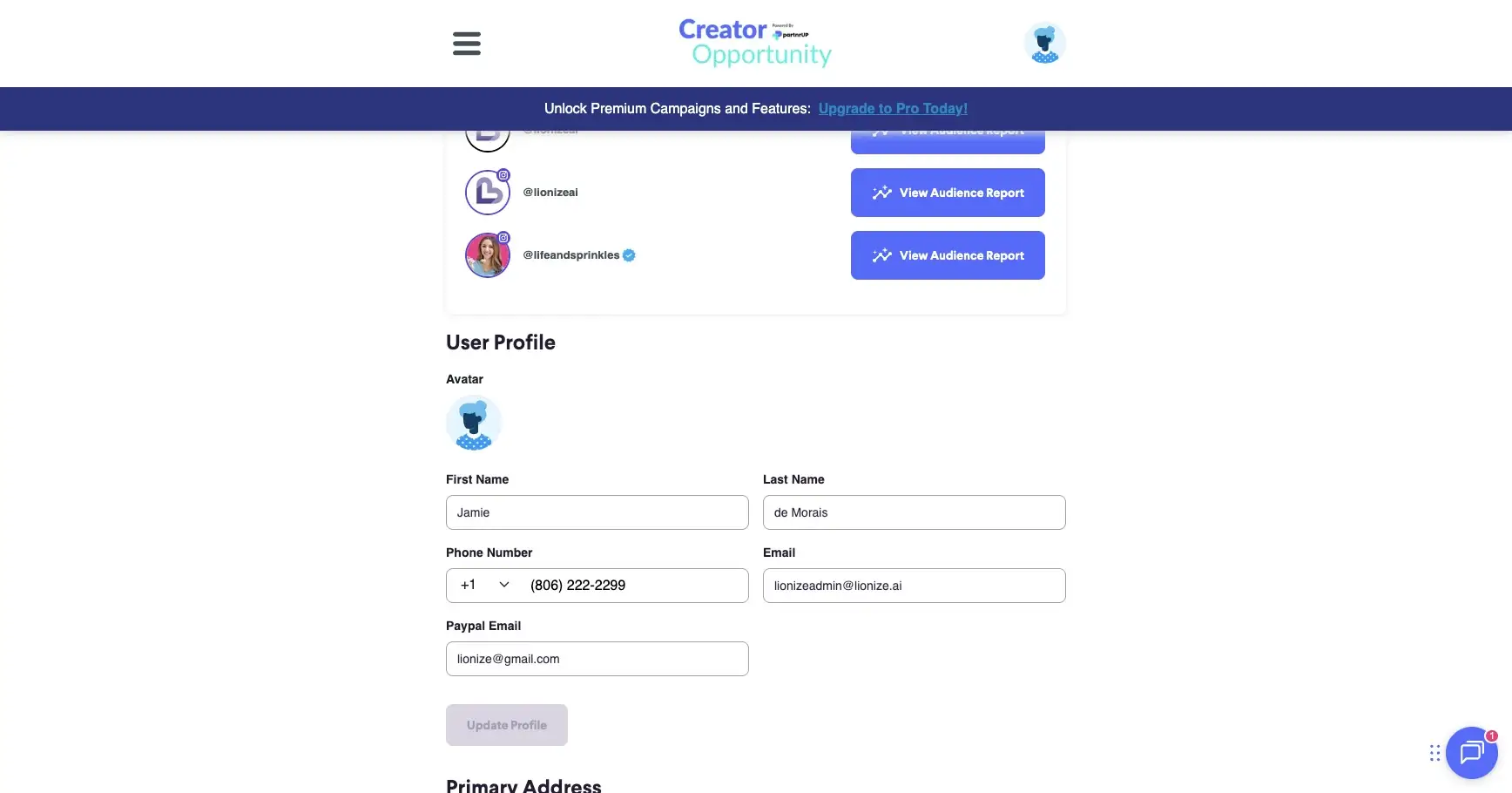 The user is viewing their profile information, including first name, last name, phone number, email, and PayPal email, and is able to update the profile.