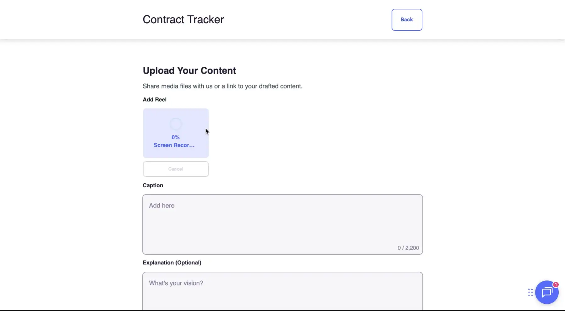The user is on the "Contract Tracker" page and is in the process of uploading content, specifically a reel, with options to add a caption and explanation.
