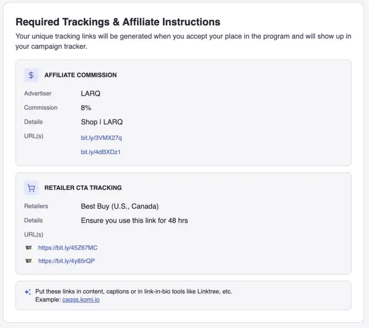 partnrUP platform Required Trackings & Affiliate Instructions screen showing Affiliate Commission and Retailer CTA Tracking details.
