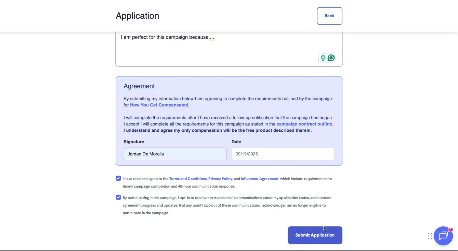 The user is reviewing and agreeing to the terms and conditions of an application, including an agreement, signature, and date, before submitting it.
