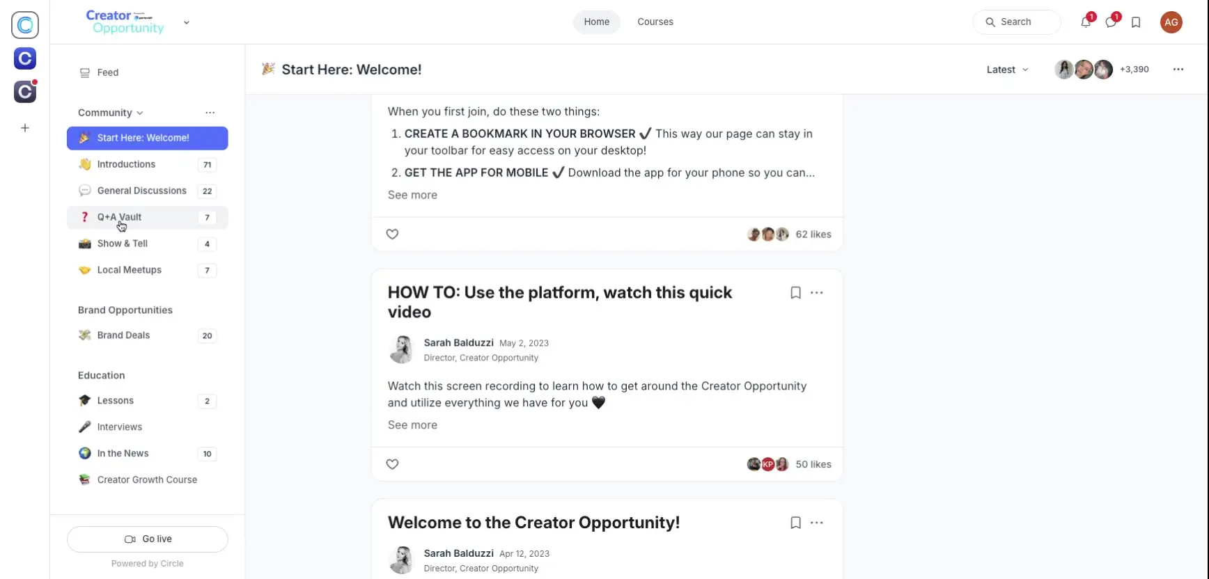 The screenshot shows the Creator Opportunity platform's community feed, highlighting the 'Start Here: Welcome!' section and other community features like Q+A Vault, Introductions, and General Discussions.