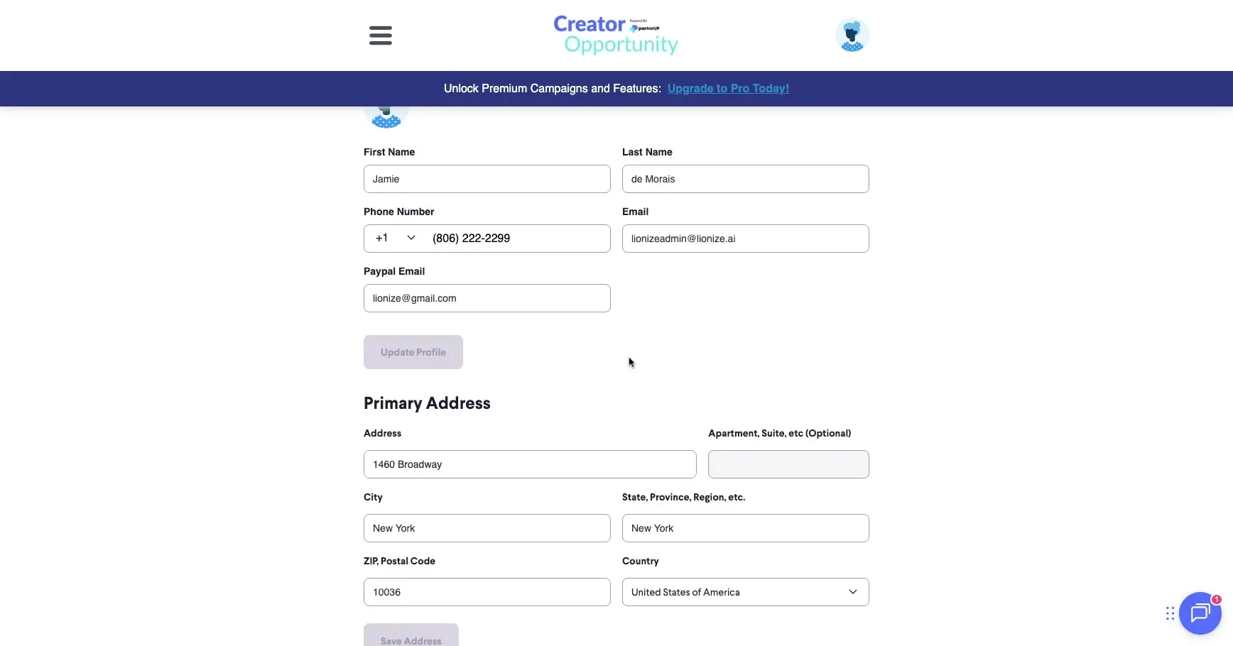 The user is updating their profile information, including personal details and address, and is about to click the "Update Profile" button.