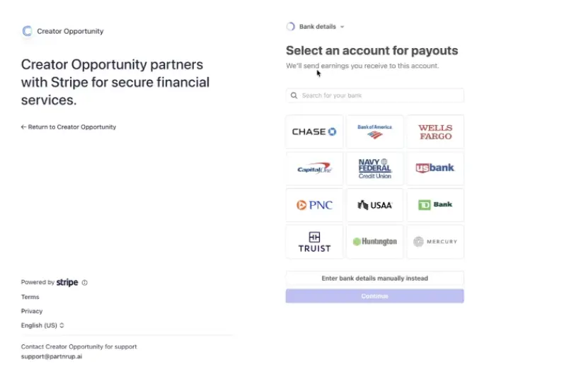 partnrUP - Select an account for payouts with bank options and Stripe partnership